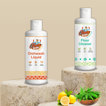 Gleamsure Natural Cleaning Combo with Dishwash and Floor Cleaner bottles – plant-based, non-toxic, eco-friendly solution for safe and effective home cleaning