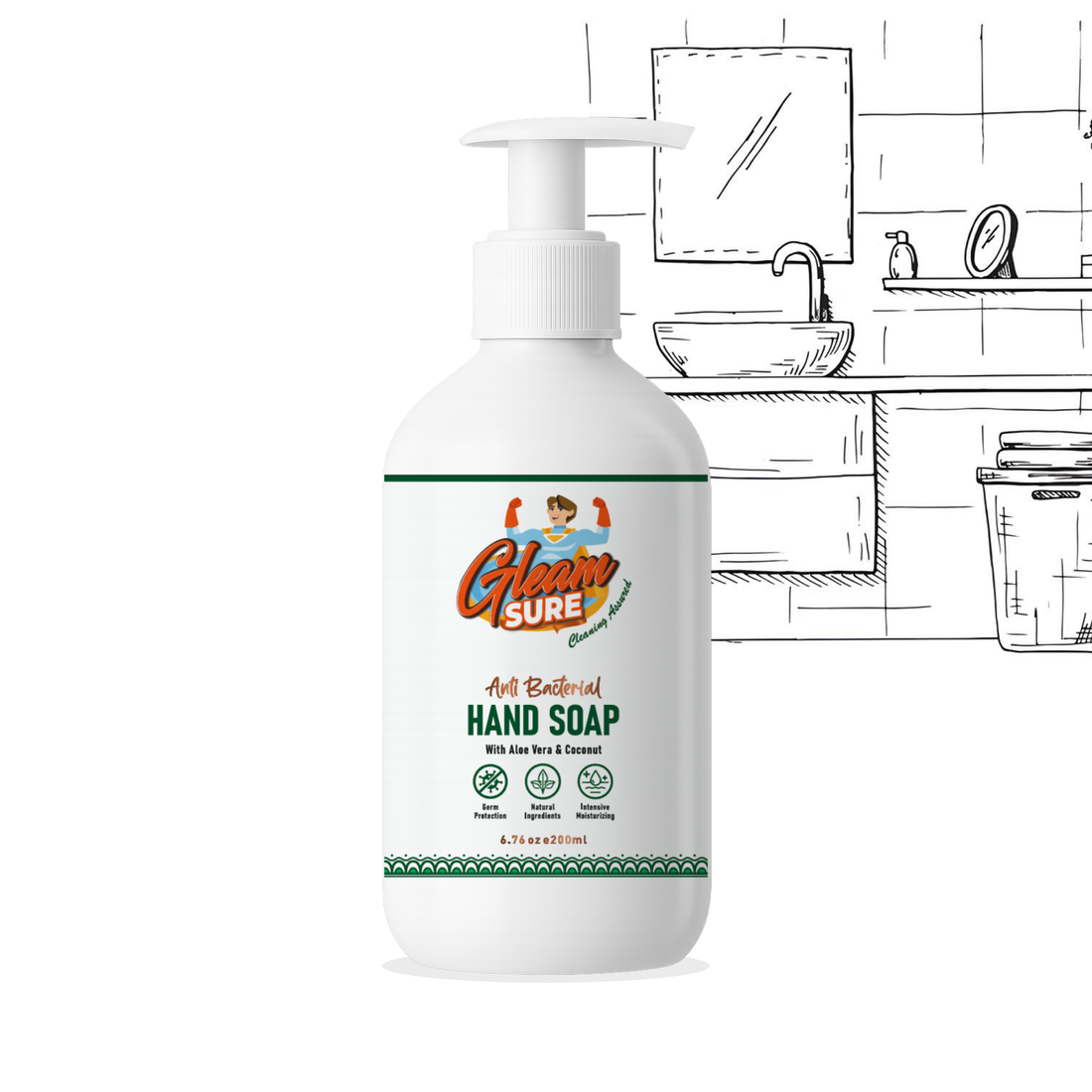 200ml Gleamsure Aloe Vera & Coconut Handwash bottle placed on a bathroom counter with sketch-style sink background
