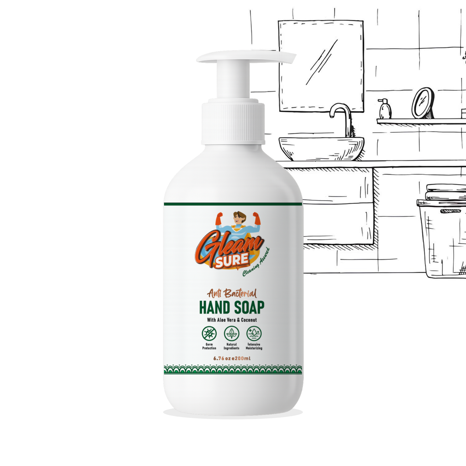 200ml Gleamsure Aloe Vera & Coconut Handwash bottle placed on a bathroom counter with sketch-style sink background