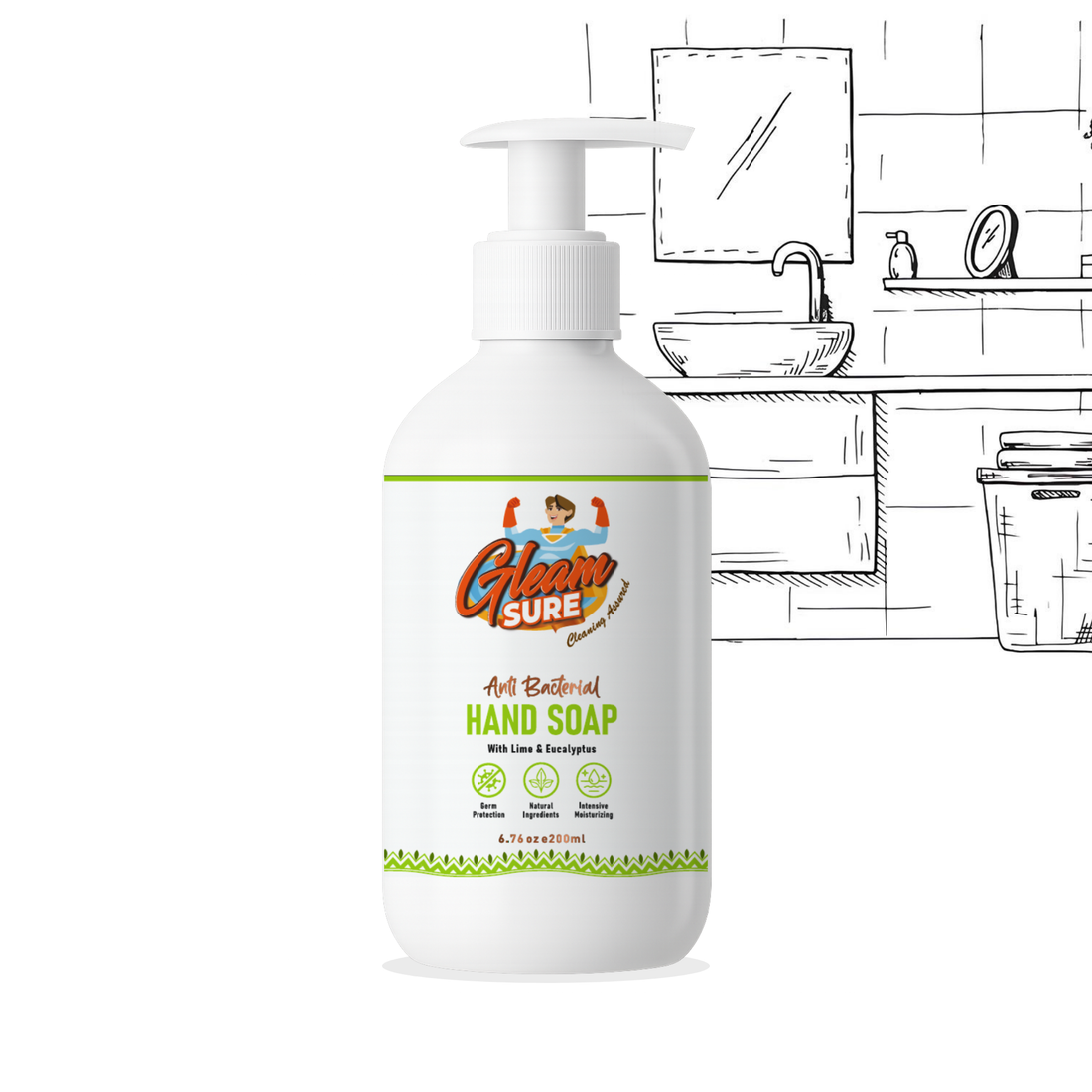 200ml Gleamsure Lime & Eucalyptus Handwash bottle placed on a bathroom counter with sketch-style sink background