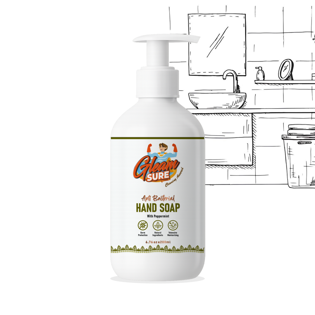200ml Gleamsure Peppermint Handwash bottle placed on a bathroom counter with line-drawn sink illustration in the background