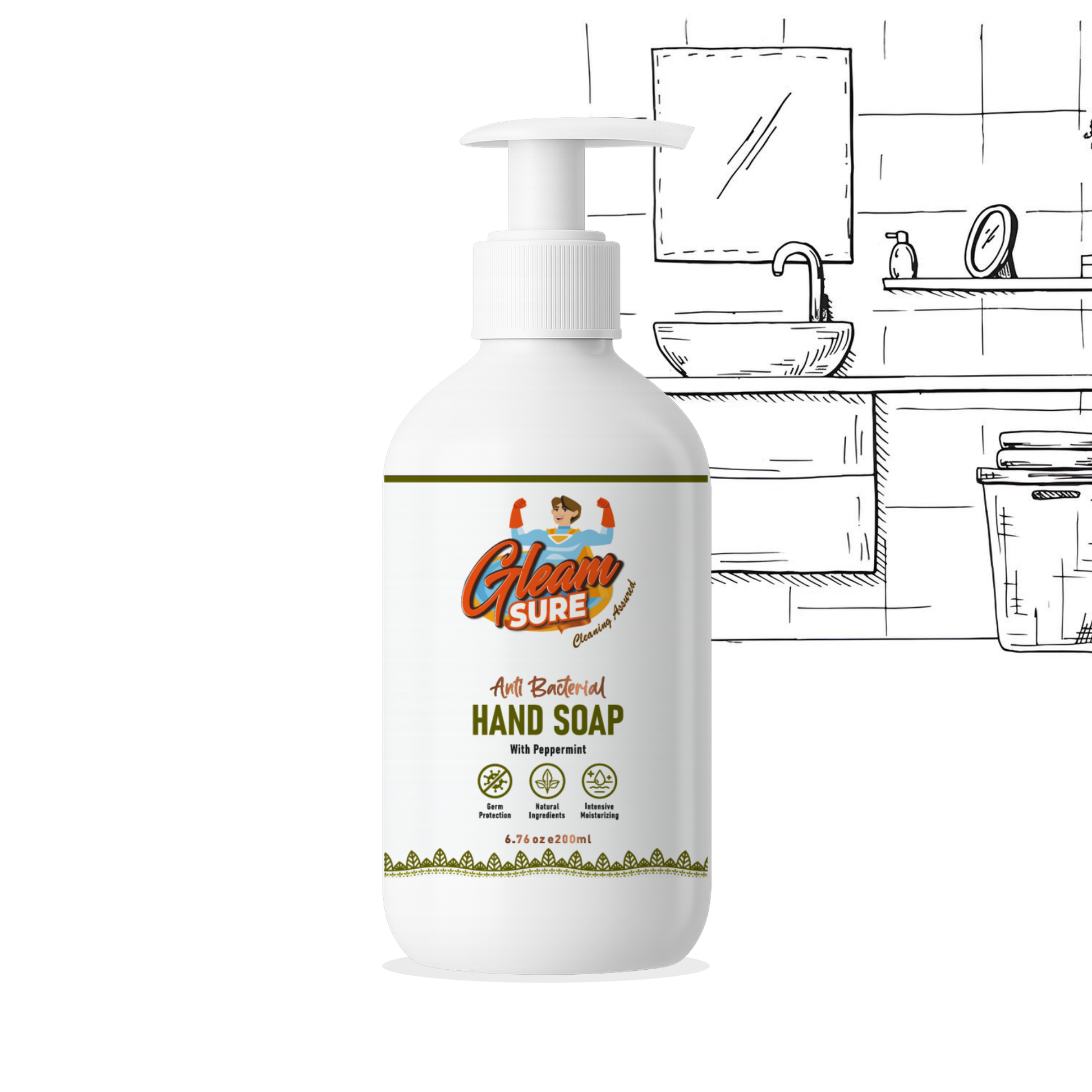 200ml Gleamsure Peppermint Handwash bottle placed on a bathroom counter with line-drawn sink illustration in the background