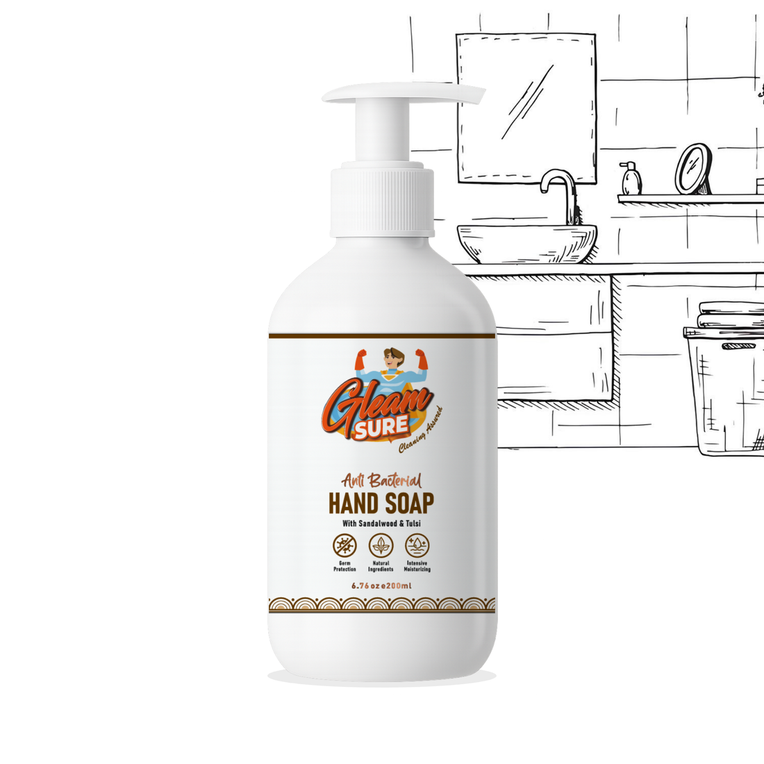 200ml Gleamsure Sandalwood & Tulsi Handwash bottle placed on a bathroom counter with line-drawn sink illustration in background