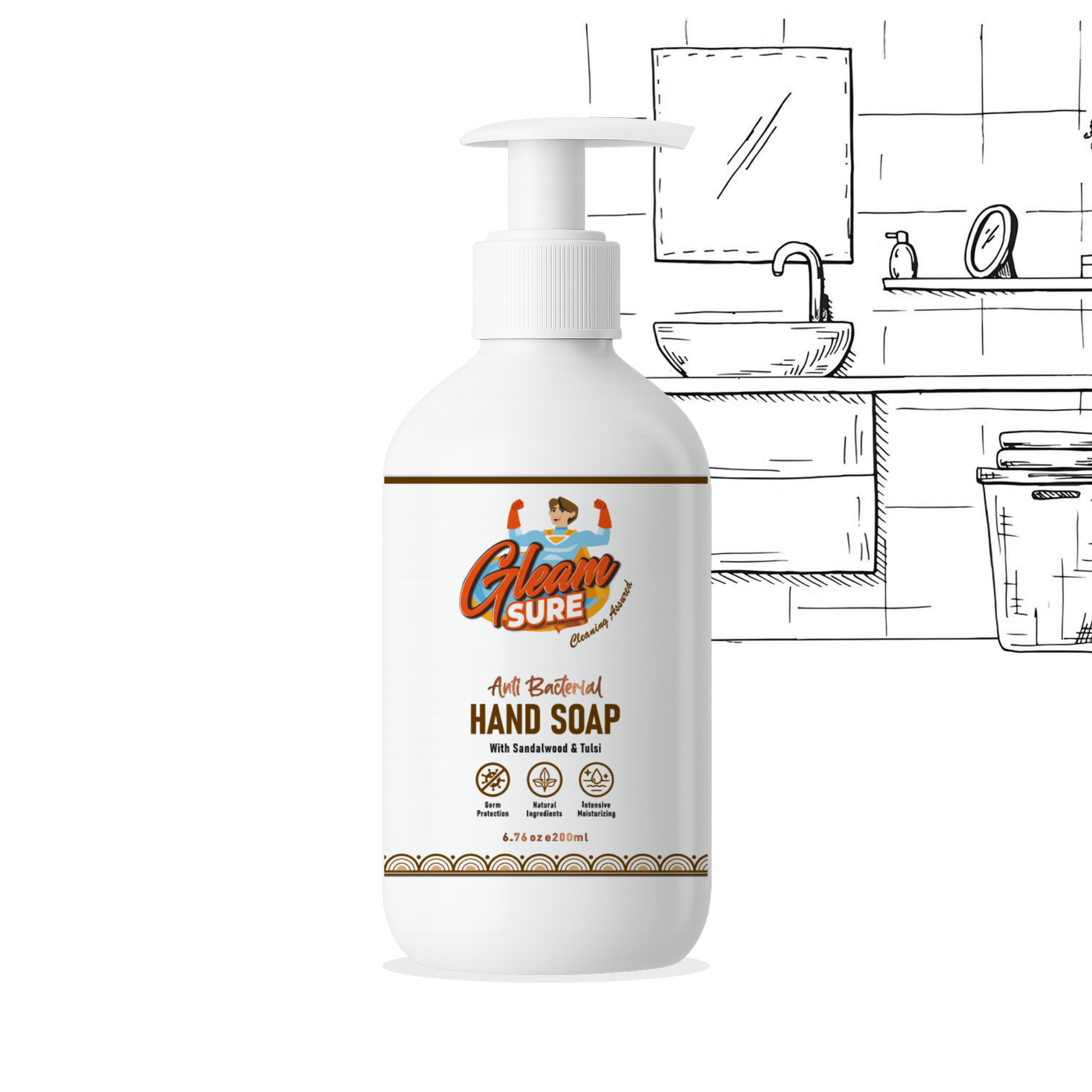 200ml Gleamsure Sandalwood & Tulsi Handwash bottle placed on a bathroom counter with line-drawn sink illustration in background