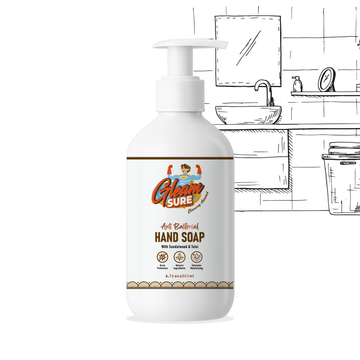200ml Gleamsure Sandalwood & Tulsi Handwash bottle placed on a bathroom counter with line-drawn sink illustration in background