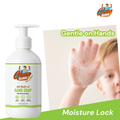 Child showing clean hands beside Gleamsure Handwash bottle with text Gentle on Hands – Moisture Lock