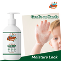 Child showing clean hands beside Gleamsure Handwash bottle with text Gentle on Hands – Moisture Lock