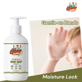 Child showing clean hands with Gleamsure Handwash bottle in foreground and text 'Gentle on Hands – Moisture Lock