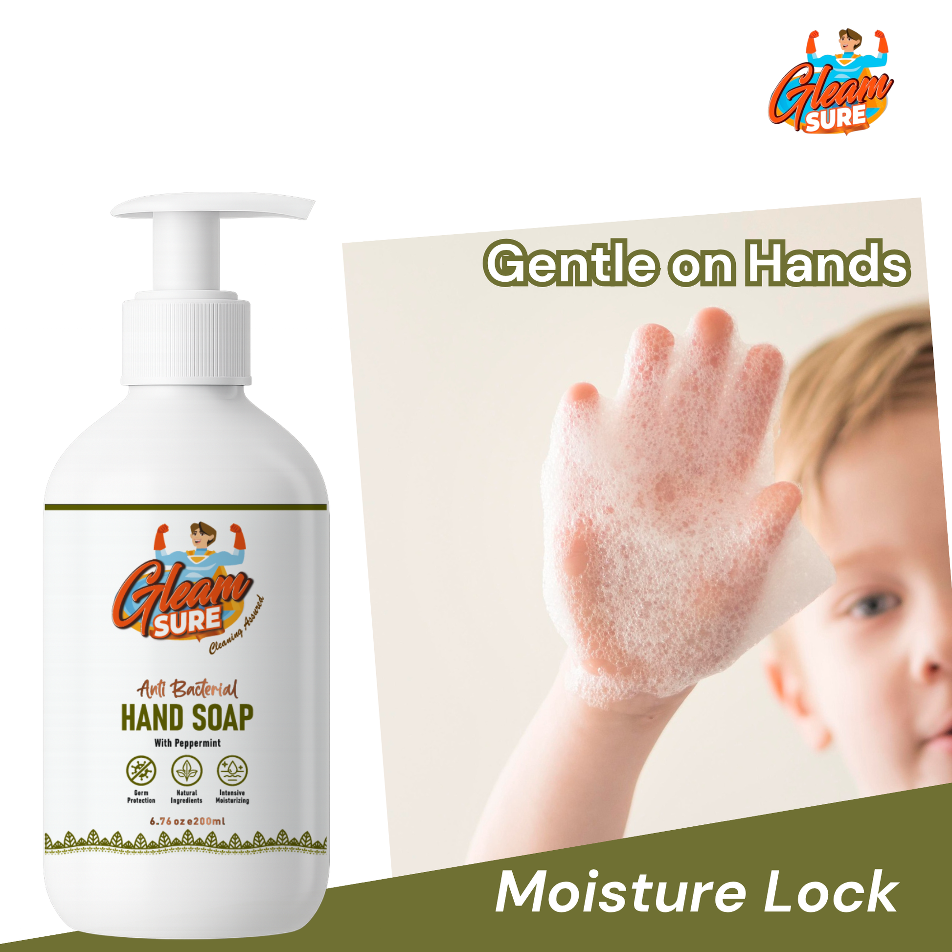 Child showing clean hands with Gleamsure Handwash bottle in foreground and text 'Gentle on Hands – Moisture Lock