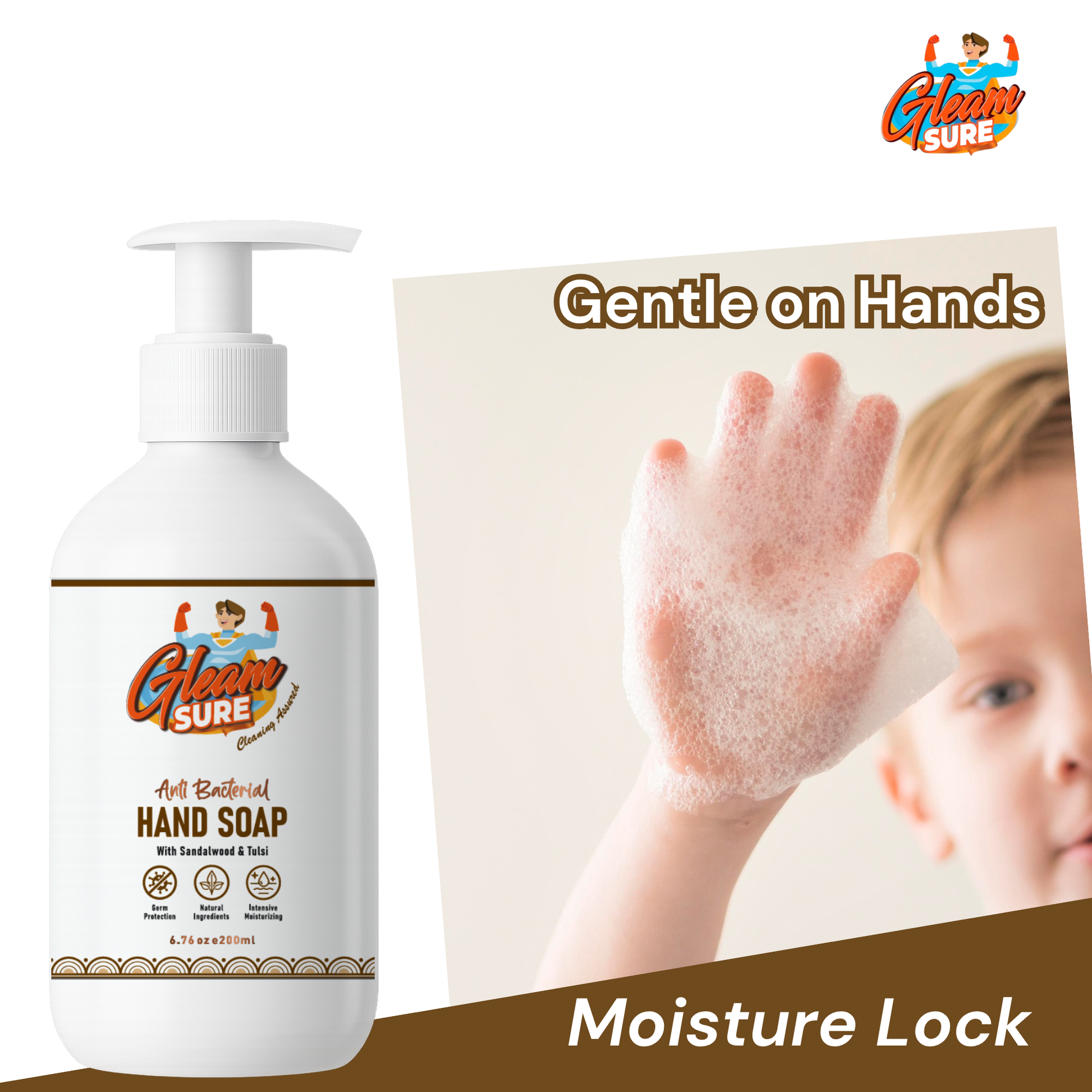 Child showing freshly cleaned hands with Gleamsure Handwash bottle in front and text 'Gentle on Hands – Moisture Lock'