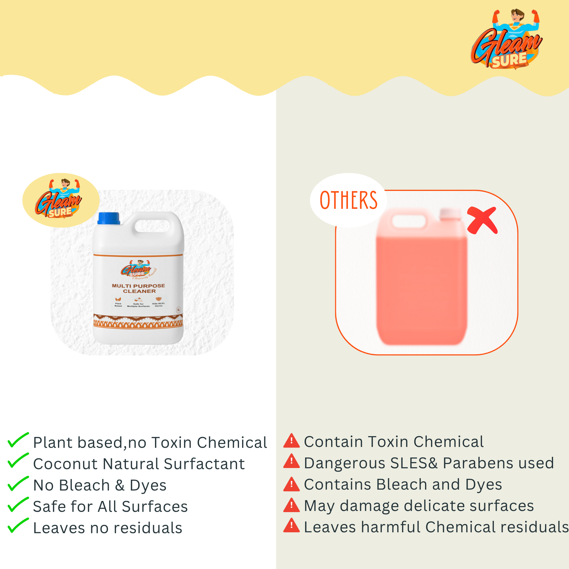 Comparison image between GleamSure and chemical cleaners showing benefits like non-toxicity, natural fragrance, and safe ingredients