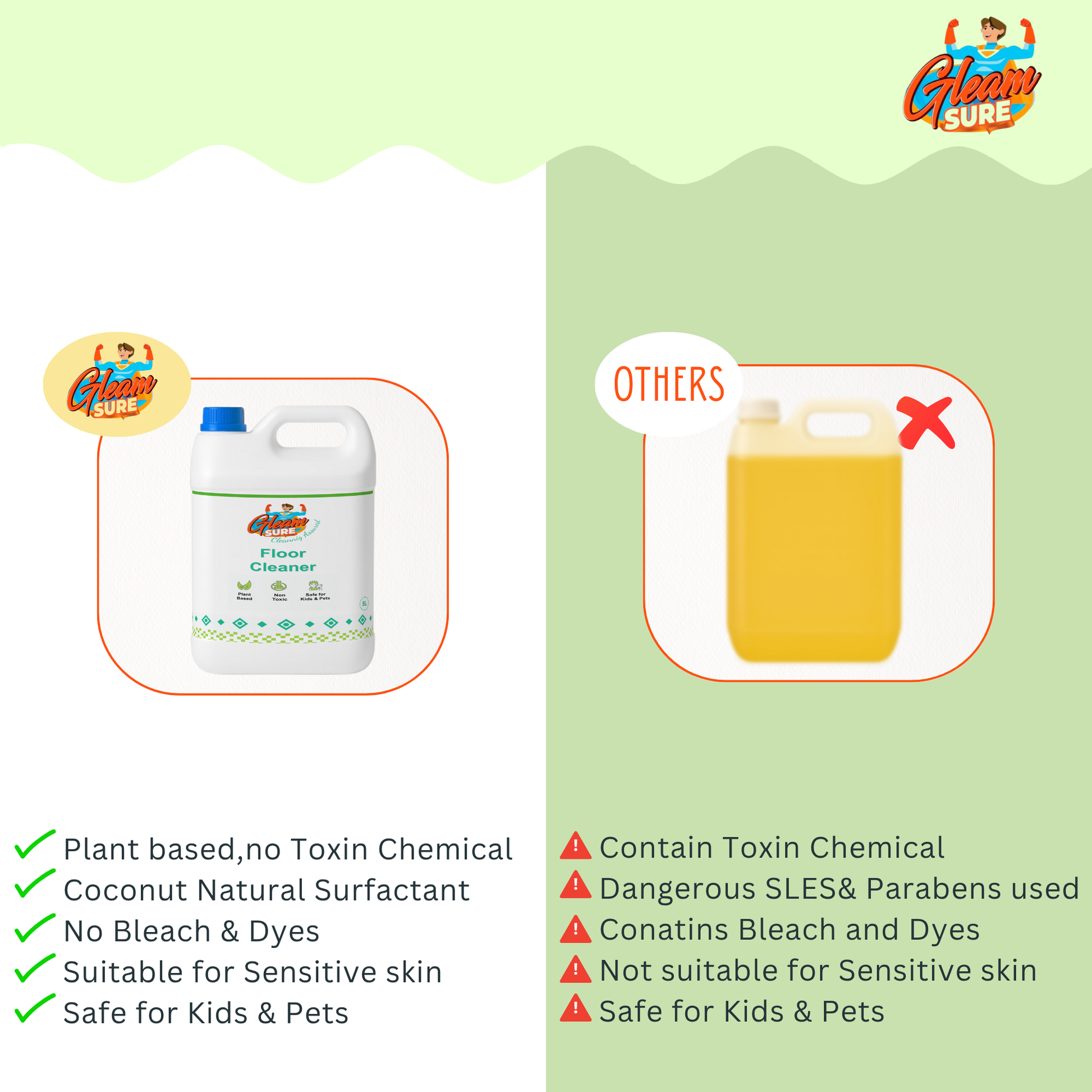 Comparison image showing GleamSure Floor Cleaner vs chemical cleaners, promoting non-toxic and baby-safe formula.
