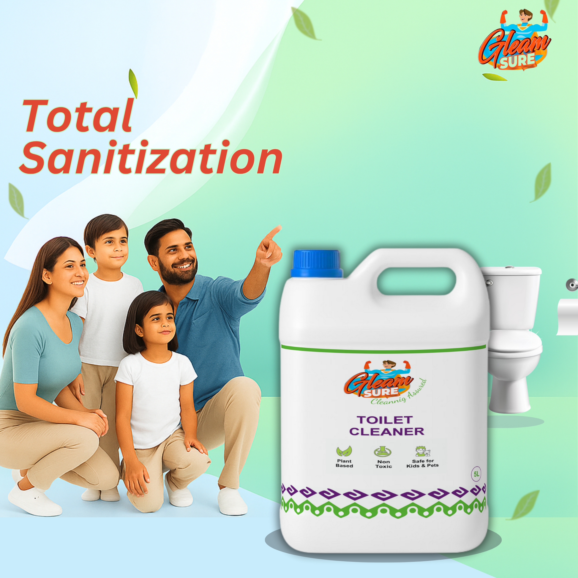 Family seated on clean floor with GleamSure Toilet Cleaner and ‘Total Sanitization’ message.
