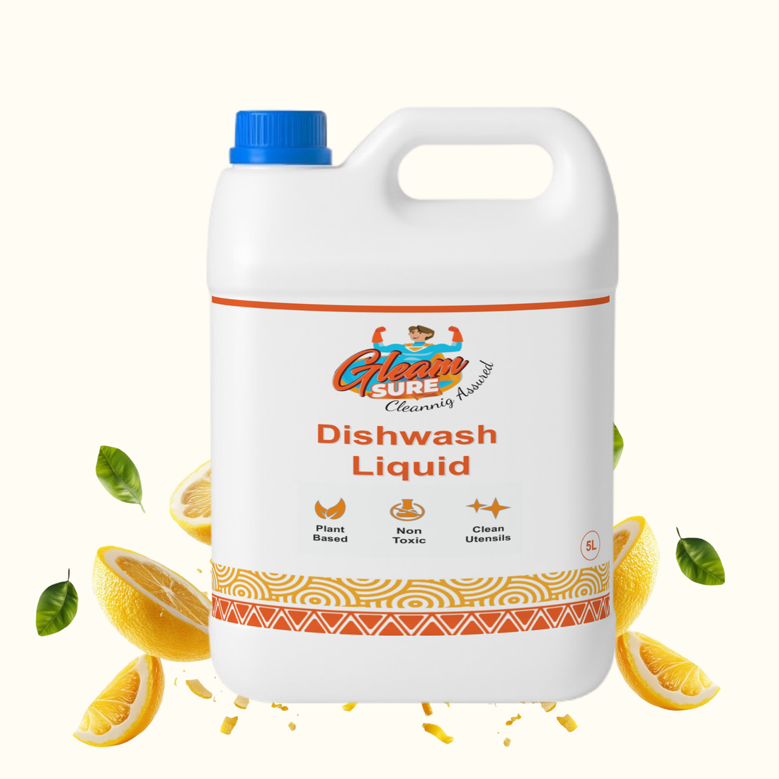 Gleamsure 5 Litre Plant-Based Dishwash Liquid refill can with lemon and coconut graphics, highlighting grease-fighting and eco-friendly features.