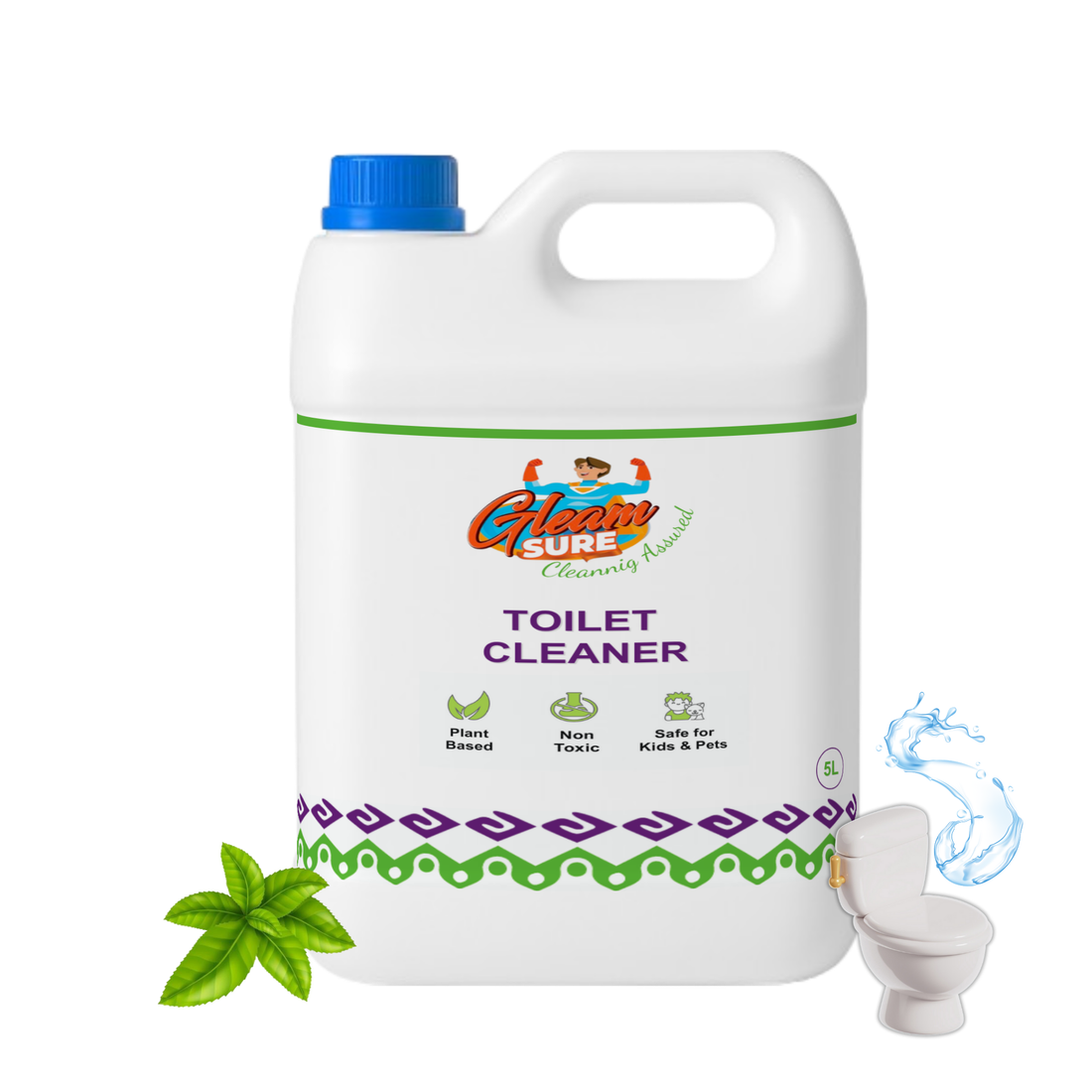 Gleamsure 5 Litre Plant-Based Toilet Cleaner refill can with clean, green label and icons for stain removal, germ protection, and septic safety