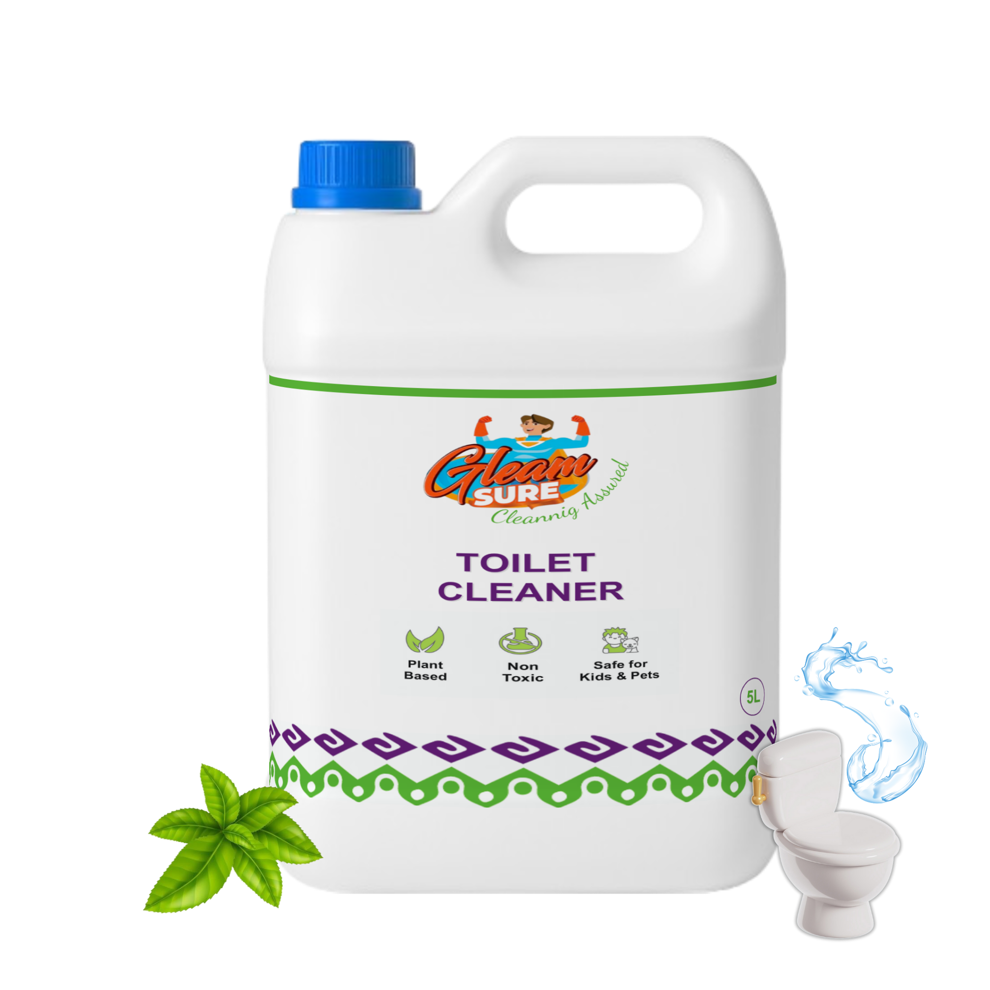 Front view of GleamSure 5L Toilet Cleaner bottle with tulsi and baking soda visuals.
