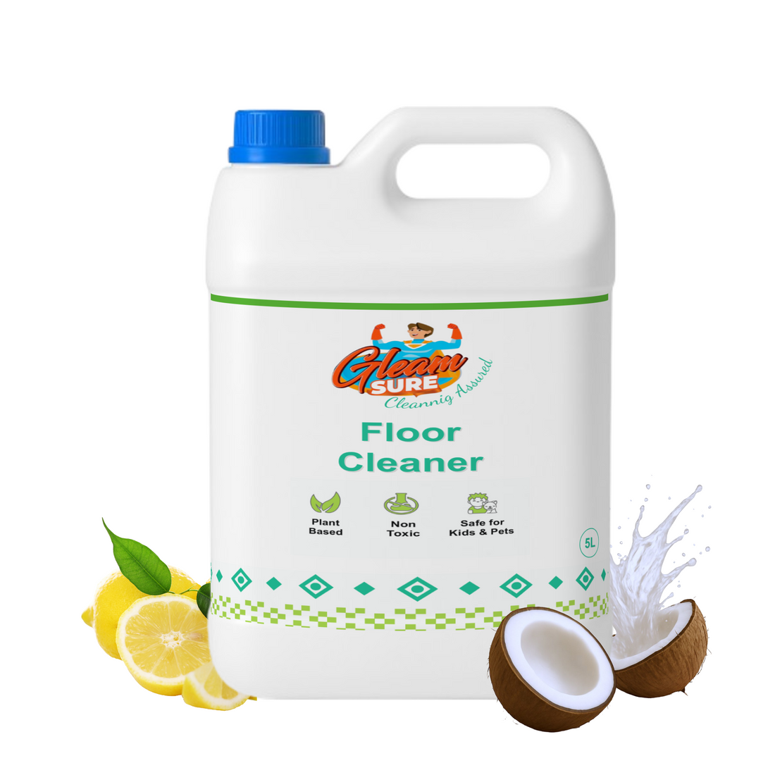Gleamsure 5 Litre Plant-Based Floor Cleaner refill can with natural ingredients and eco-safe label, placed beside floor cleaning icons