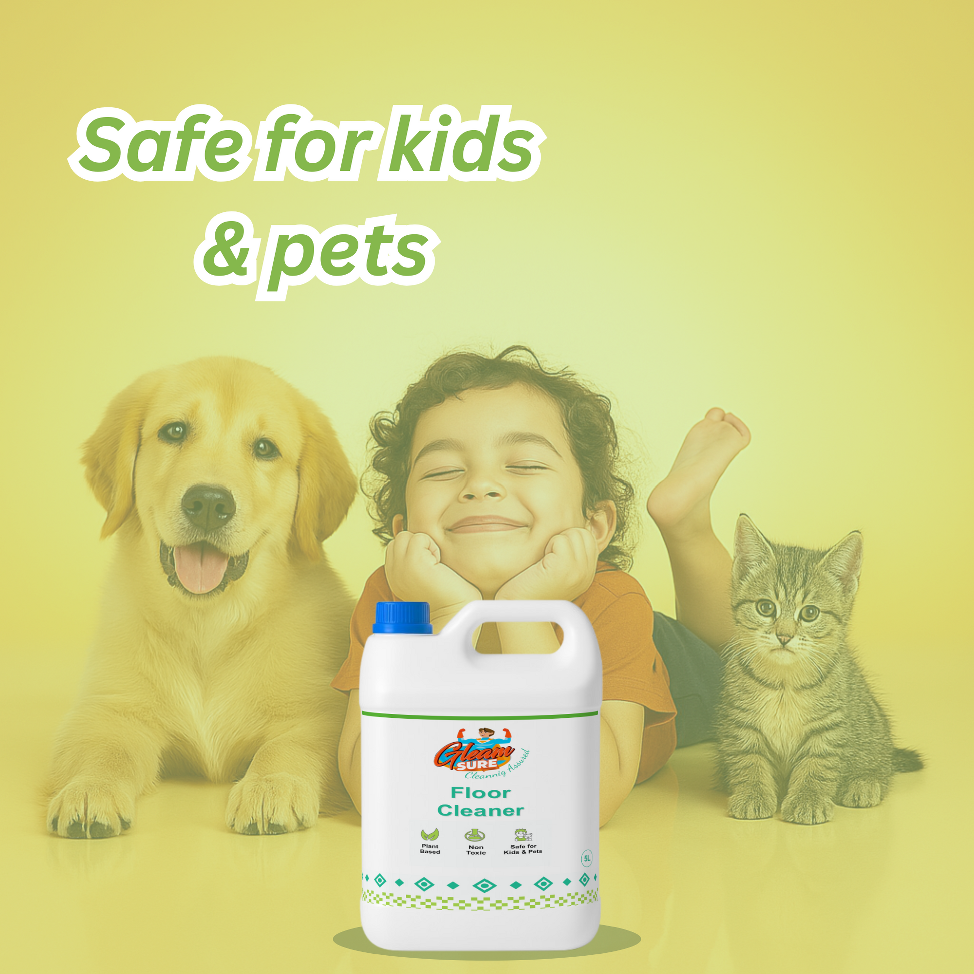 GleamSure Floor Cleaner with child, dog, and cat—highlighting safety for kids and pets.
