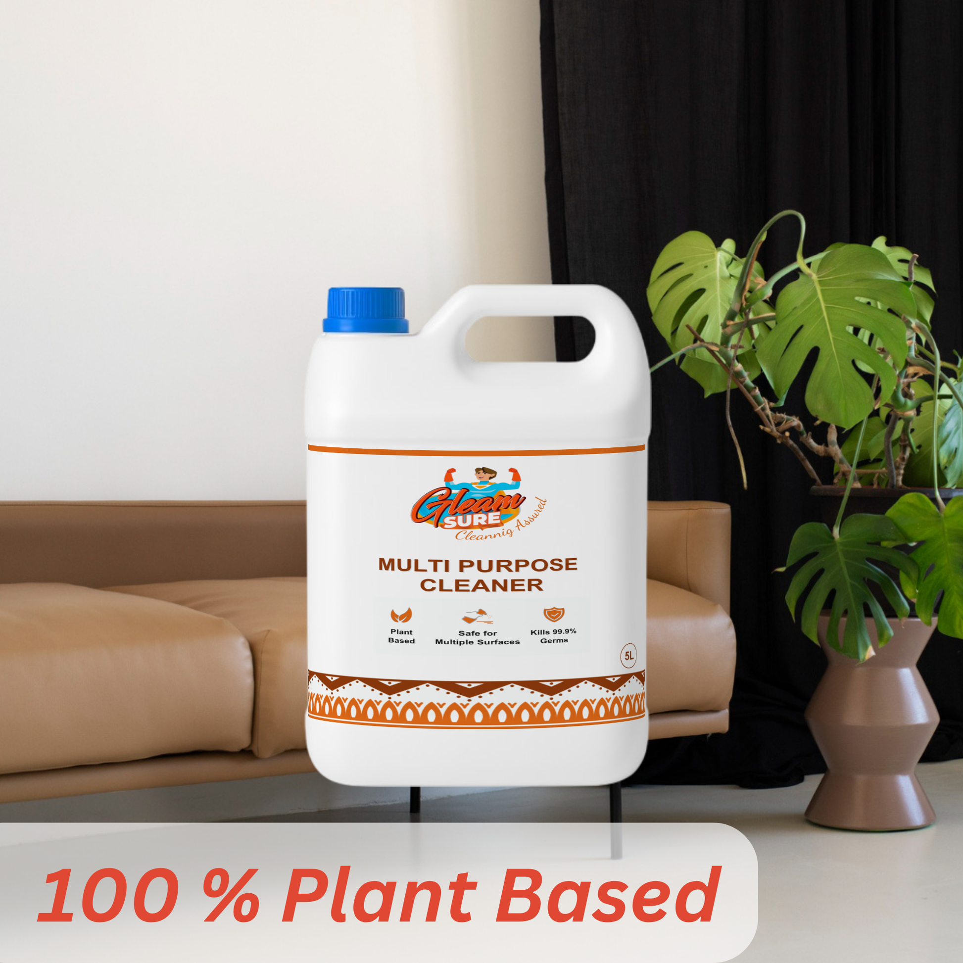 GleamSure cleaner bottle placed near a living room sofa and plant, with the text '100% Plant Based