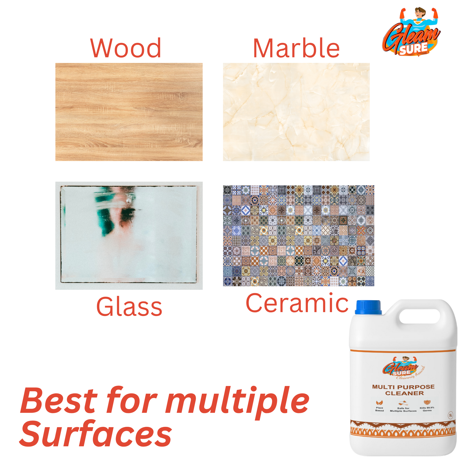 GleamSure cleaner next to swatches of wood, marble, glass, and ceramic with text 'Best for Multiple Surfaces.