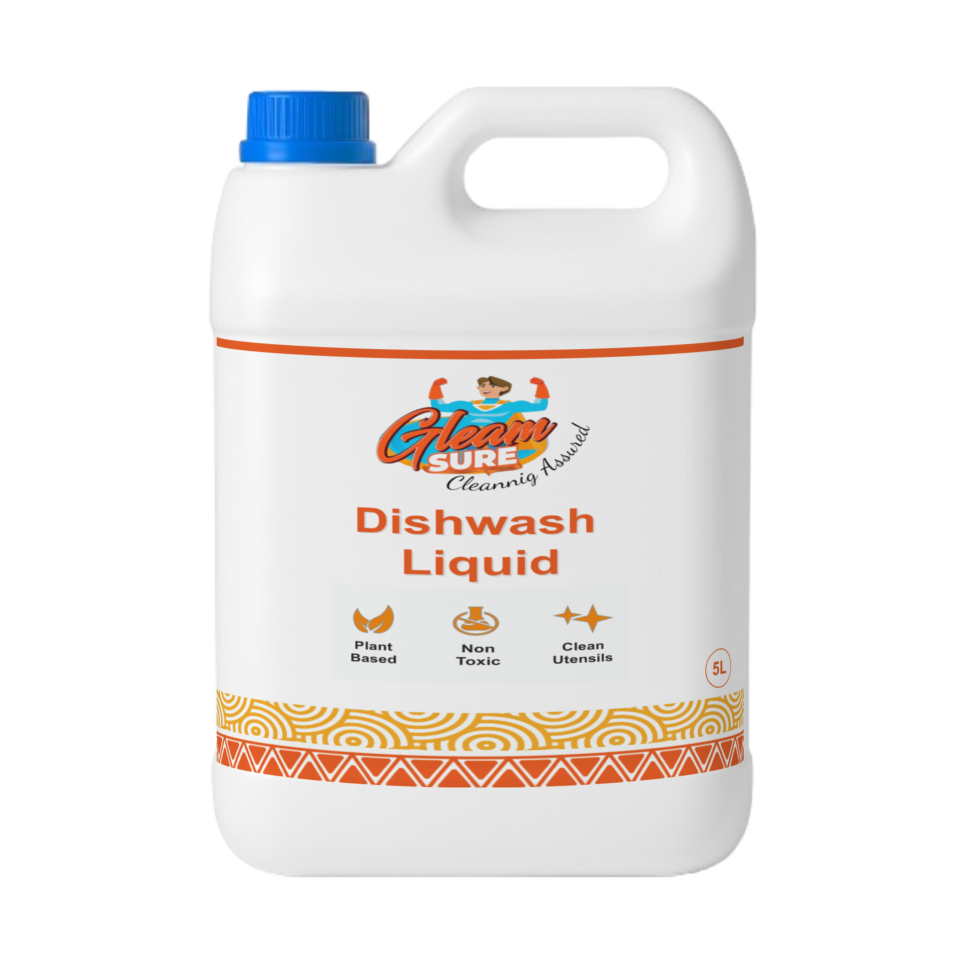 Gleamsure 5 Litre Plant-Based Dishwash Liquid refill can with lemon and coconut graphics, highlighting grease-fighting and eco-friendly features.