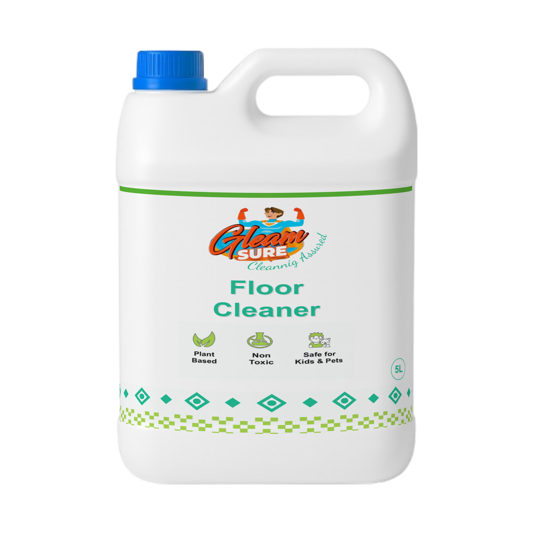 Gleamsure 5 Litre Plant-Based Floor Cleaner refill can with natural ingredients and eco-safe label, placed beside floor cleaning icons
