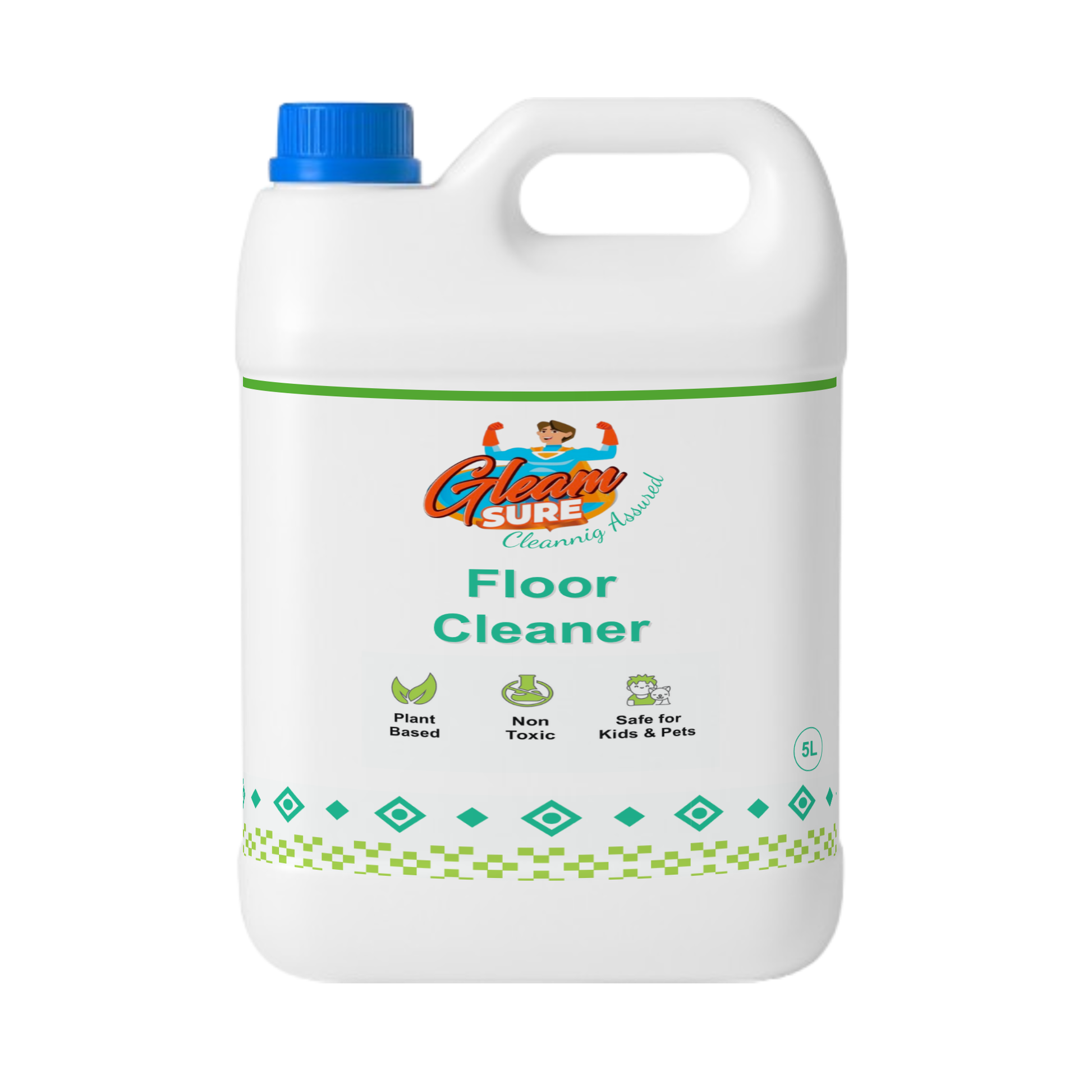 Gleamsure 5 Litre Plant-Based Floor Cleaner refill can with natural ingredients and eco-safe label, placed beside floor cleaning icons