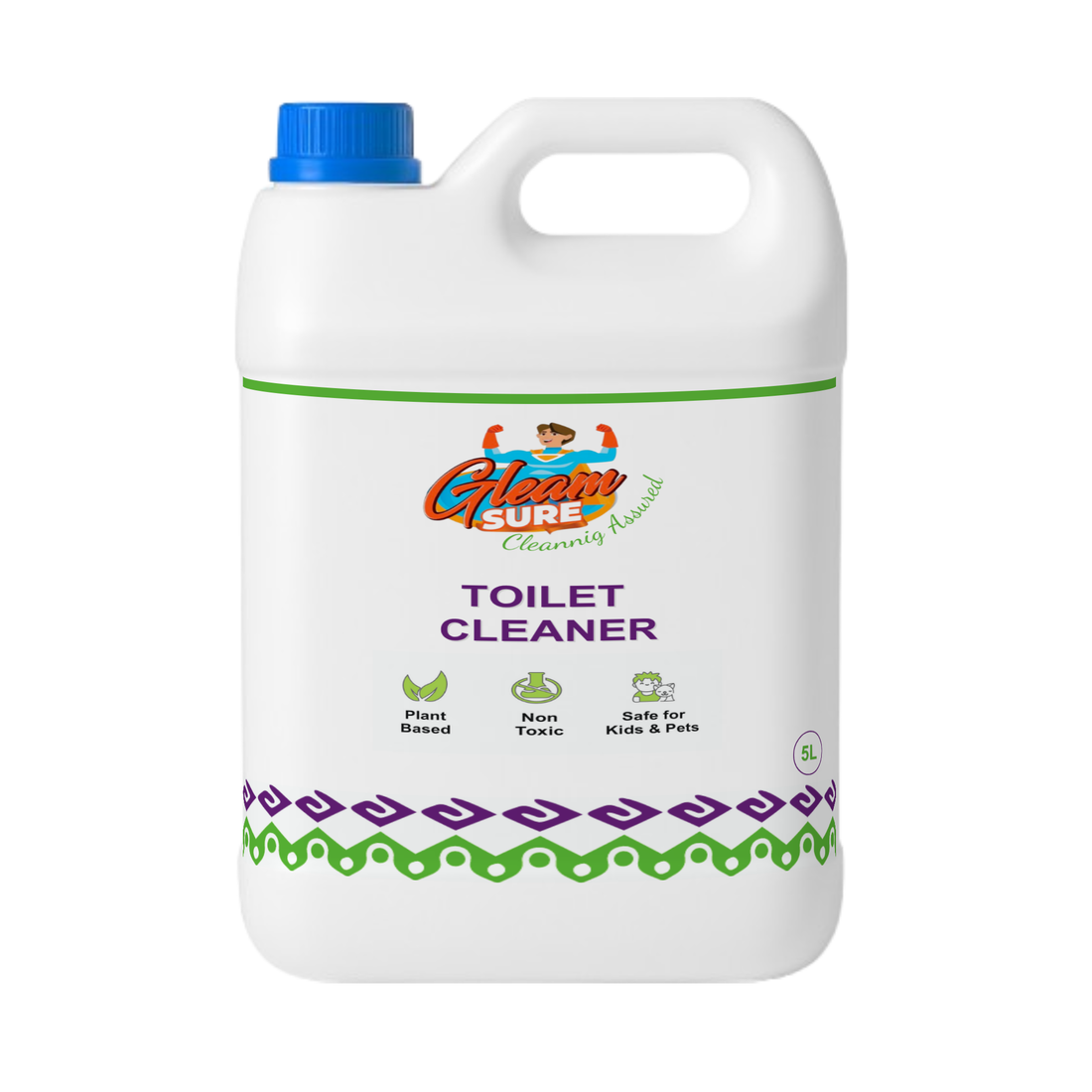 Gleamsure 5 Litre Plant-Based Toilet Cleaner refill can with clean, green label and icons for stain removal, germ protection, and septic safety