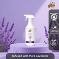 Gleamsure Lavender Room Freshener bottle placed at the center of a lavender-colored podium, surrounded by soft lavender flowers in the background, evoking a soothing and floral ambiance.