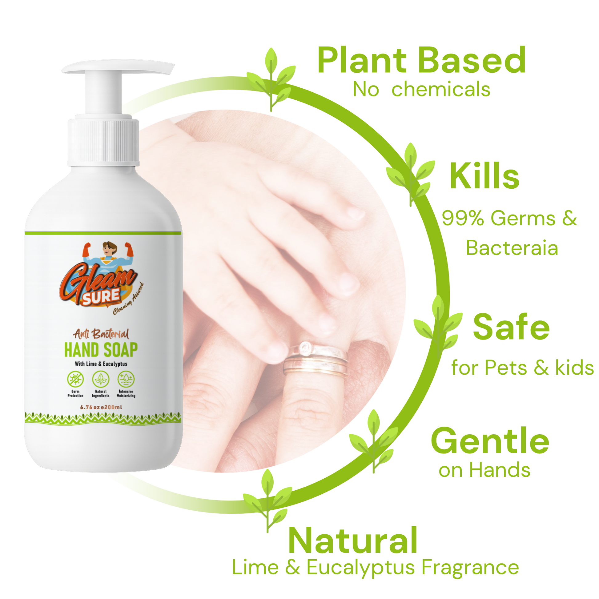 Gleamsure Lime & Eucalyptus Handwash bottle with circular labels: Plant-Based, Kills Germs, Safe for Pets & Kids, Gentle on Hands, Natural Fragrance
