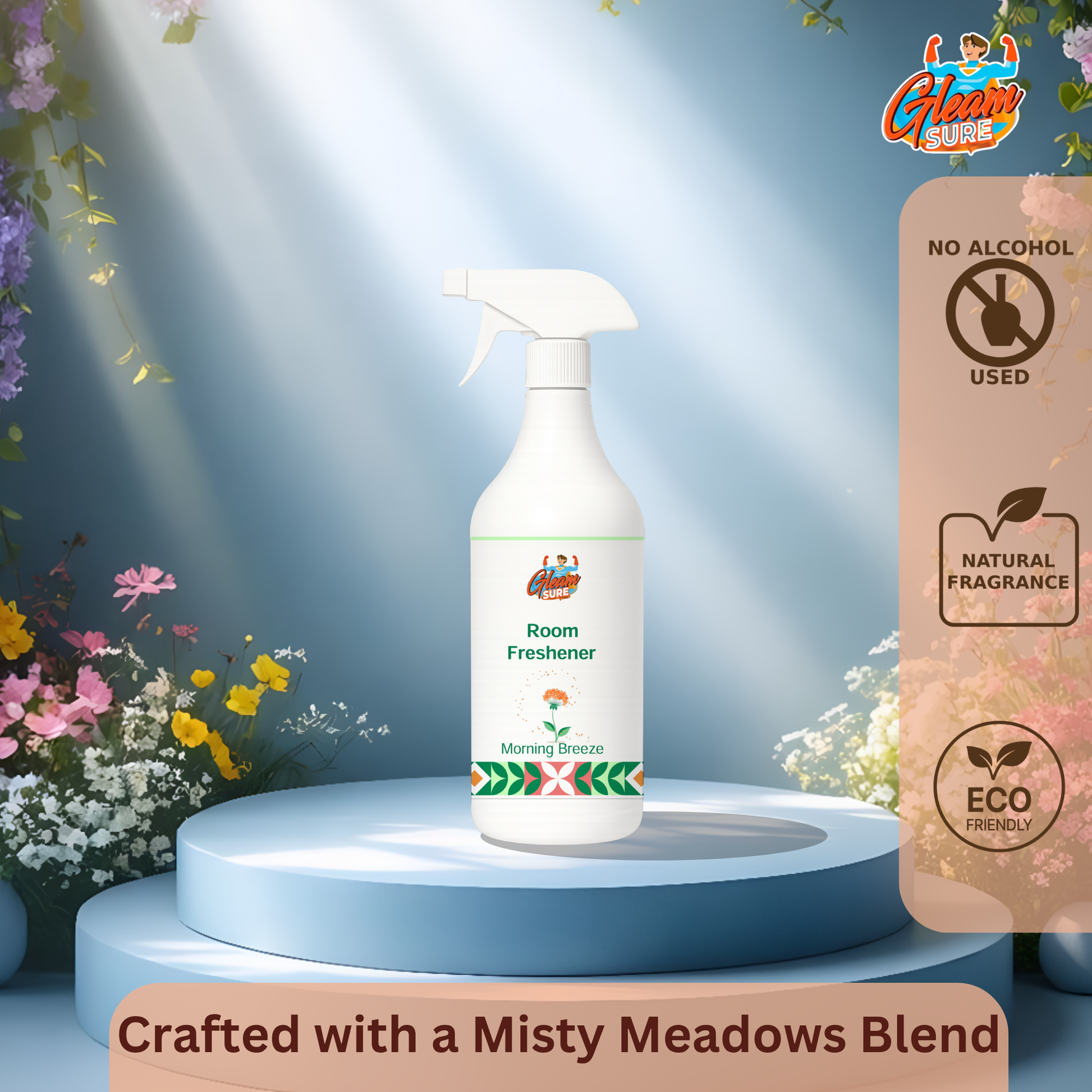 Gleamsure Morning Breeze Room Freshener placed on a soft blue podium with delicate flowers around and natural sunlight streaming from the side, evoking freshness and morning calm.