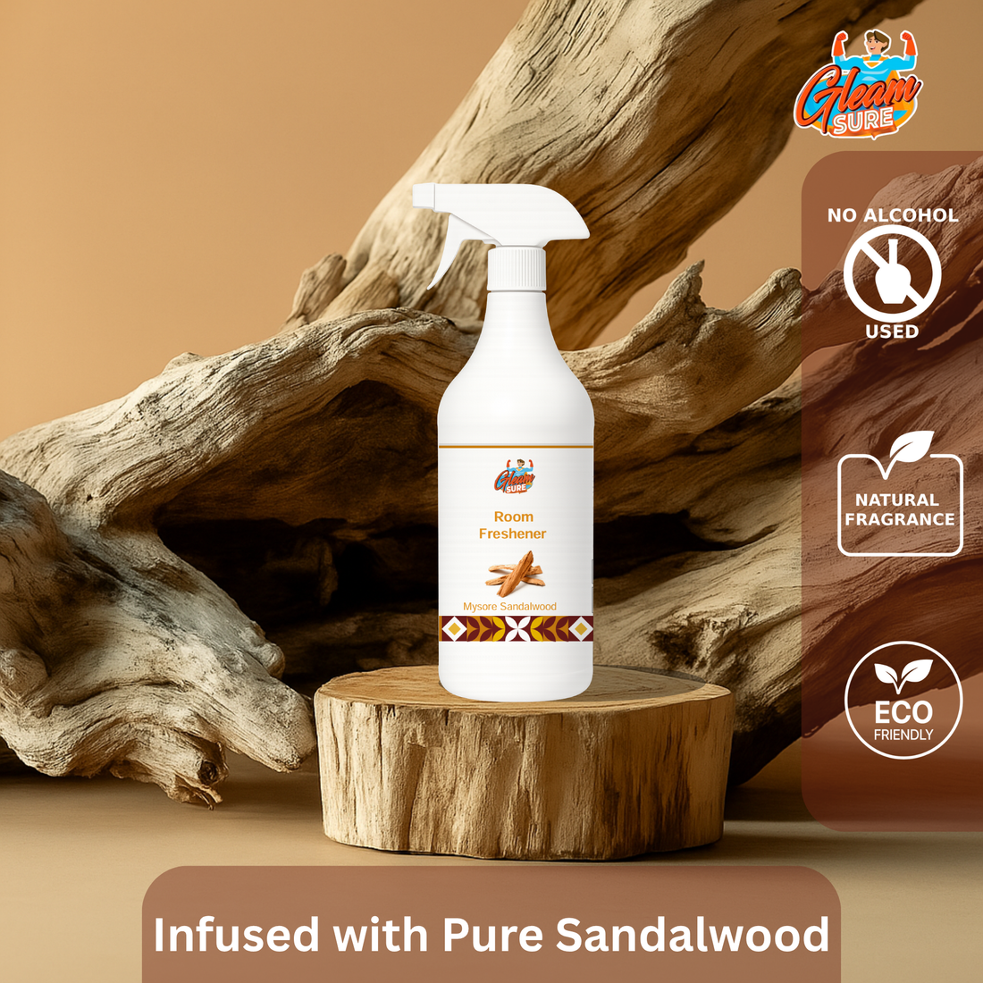 Front view of Gleamsure Mysore Sandalwood Room Freshener bottle on a clean white background