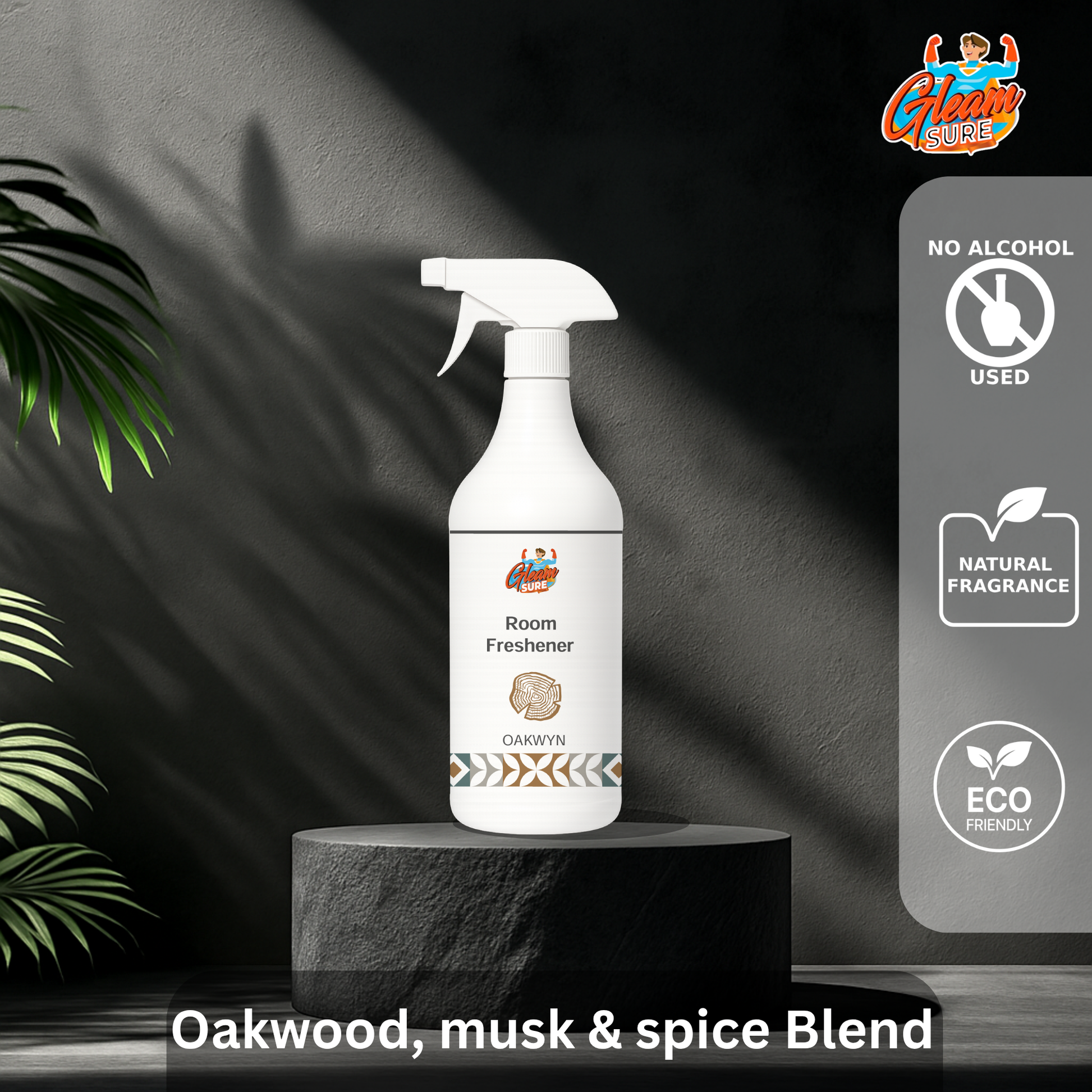 Gleamsure Oakwyn Room Freshener placed on a sleek stone pedestal, with minimal natural elements in the background, showcasing a bold and masculine aesthetic.
