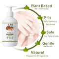 Gleamsure Peppermint Handwash bottle with circular highlights: Plant-Based, Kills Germs, Safe for Pets & Kids, Gentle on Hands, Natural Peppermint Fragrance