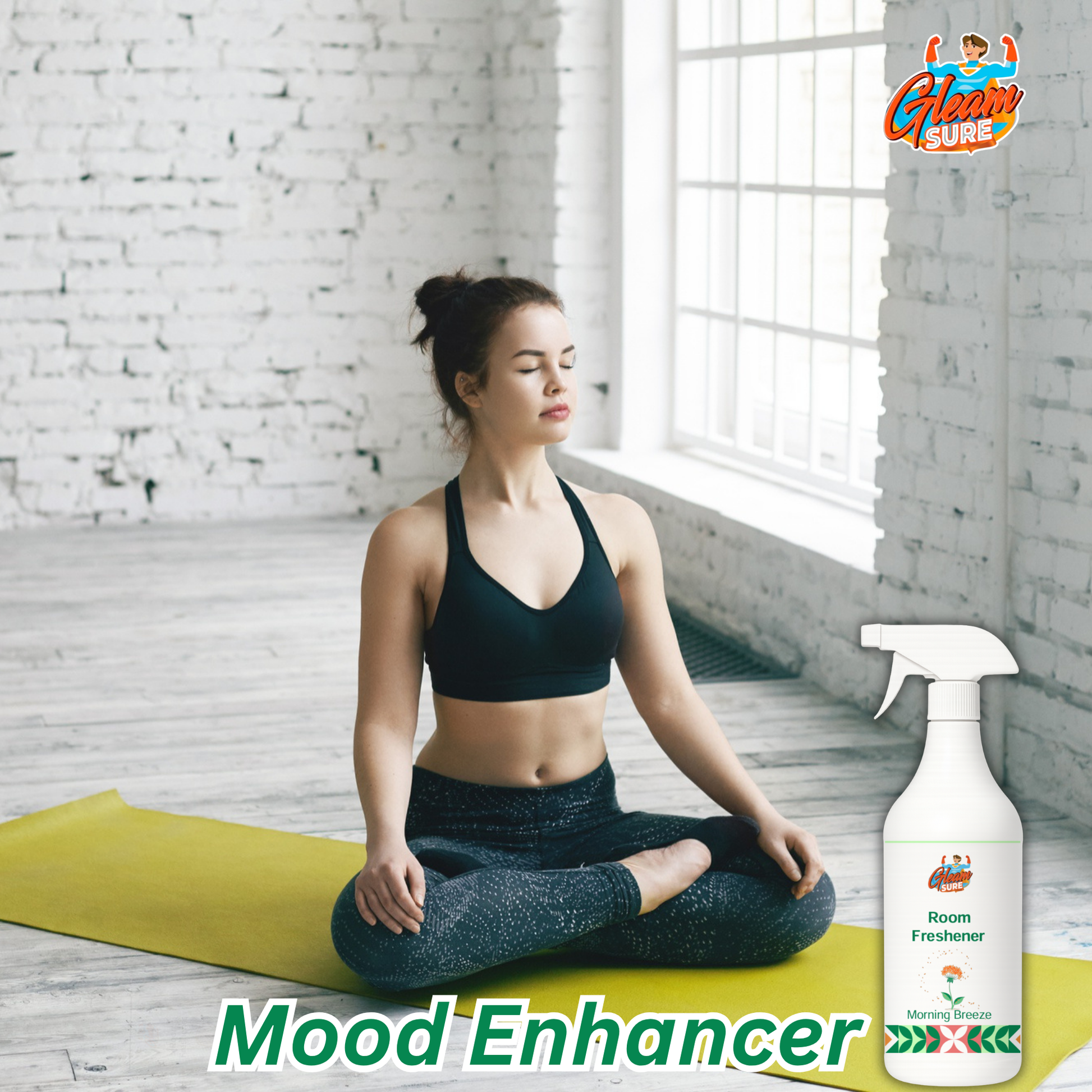 Gleamsure room freshener placed beside a serene morning meditation scene, highlighting the product as a ‘Mood Enhancer