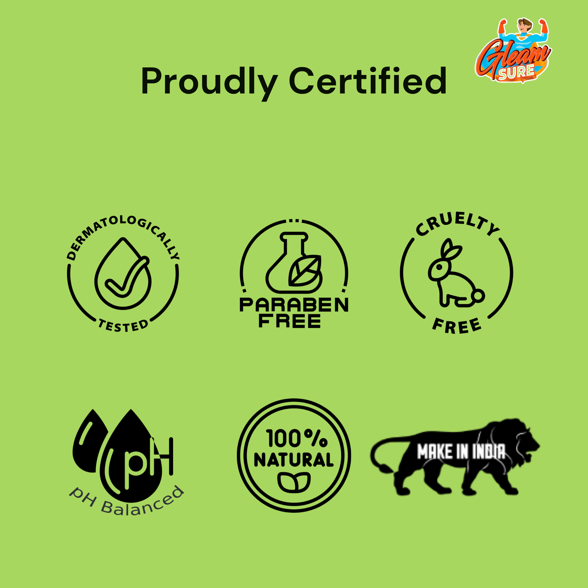 Green panel with certifications: Dermatologically Tested, Paraben-Free, Cruelty-Free, pH Balanced, 100% Natural, and Made in India