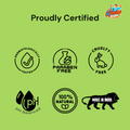 Green panel with certifications: Dermatologically Tested, Paraben-Free, Cruelty-Free, pH Balanced, 100% Natural, and Made in India