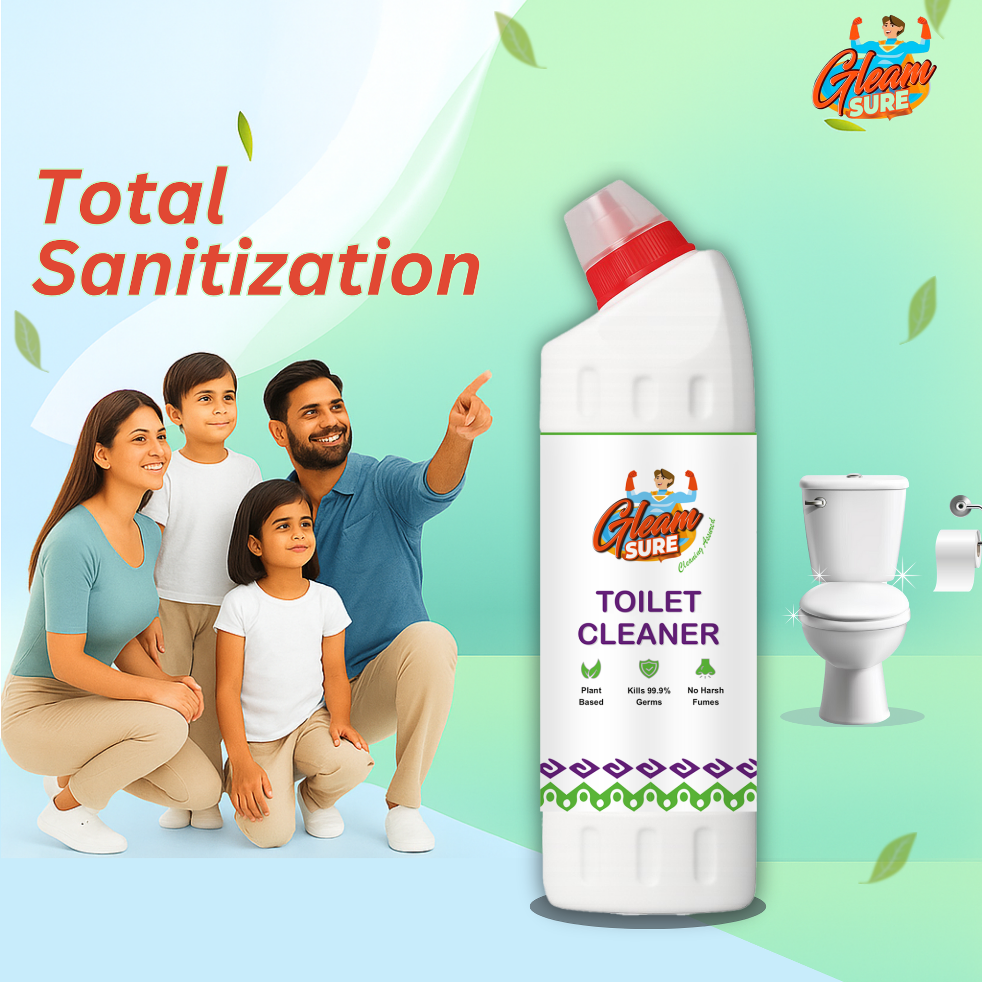 Happy family admiring plant-based toilet cleaner – safe for babies, pets, and loved ones, effective and family-friendly cleaning solution