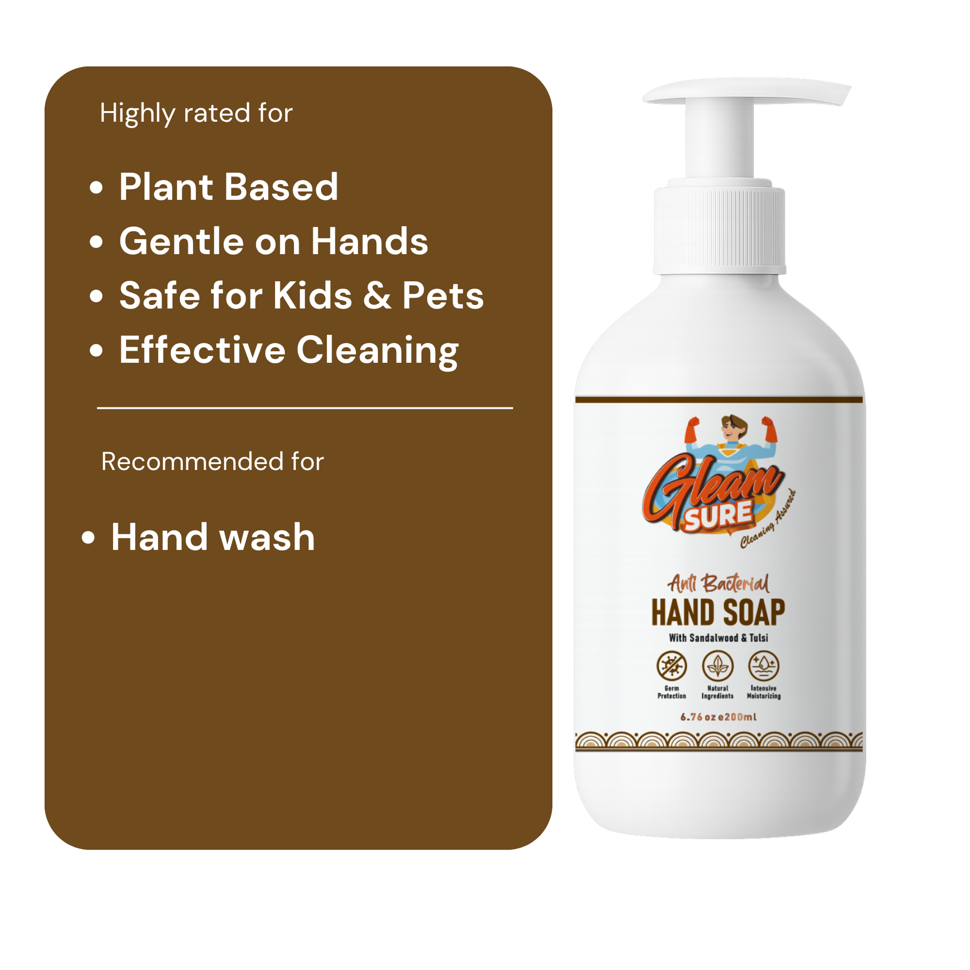 Highlighted features of Gleamsure Handwash: Plant-Based, Gentle on Hands, Safe for Kids & Pets, Effective Cleaning — Recommended for hand wash