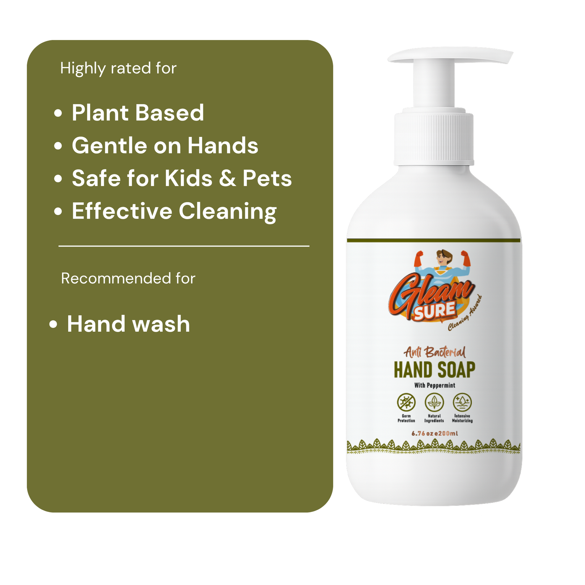 Highlighted features of Gleamsure Handwash: Plant-Based, Gentle on Hands, Safe for Kids & Pets, Effective Cleaning — Recommended for hand wash