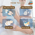 How to use Gleamsure Handwash visual: Wet hands, Take handwash, Scrub well, Rinse hands – illustrated with adult and child washing hands