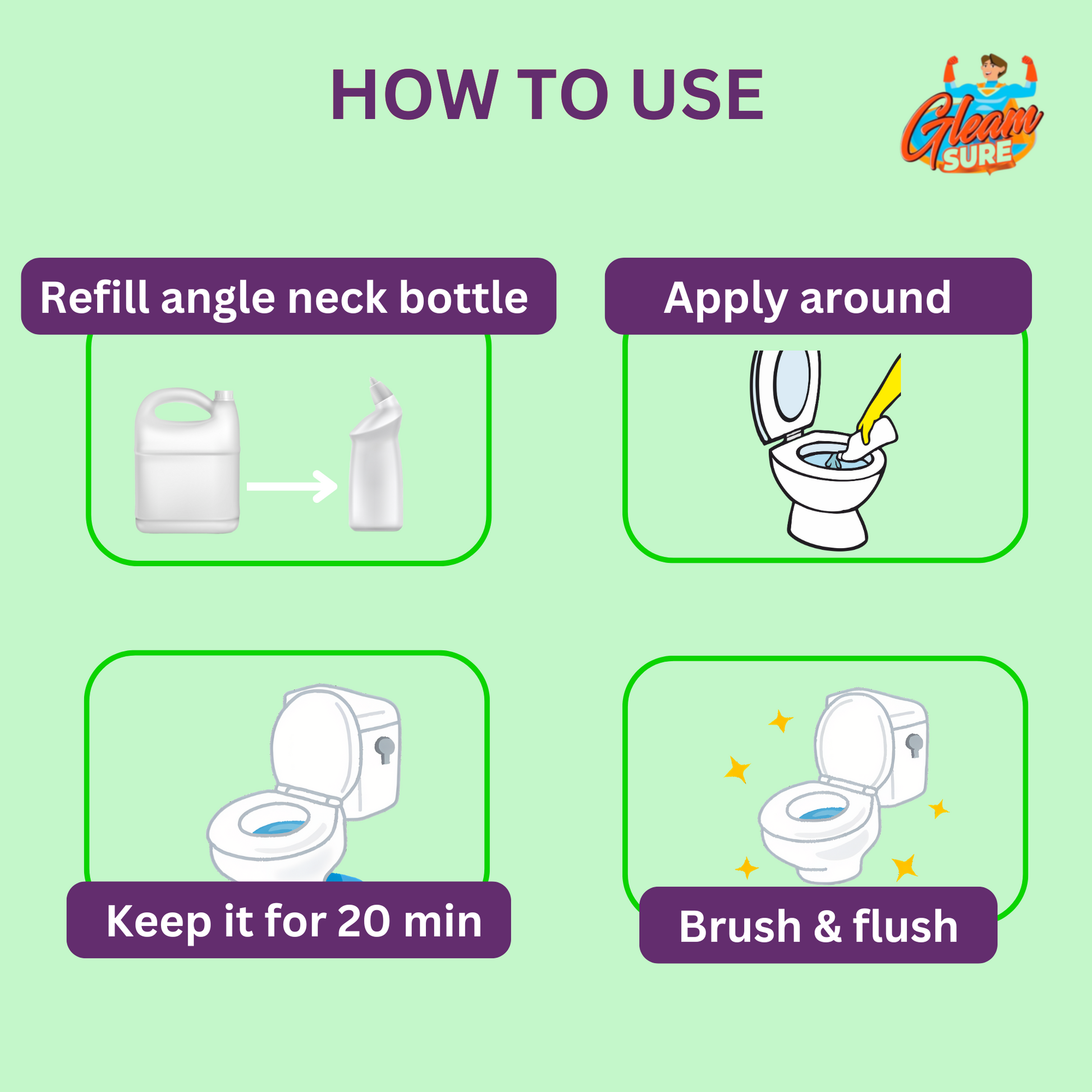 How to use visual: refill bottle, apply around rim, wait 20 minutes, brush and flush.
