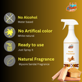 Icons and text describing key features: no alcohol, no artificial color, ready to use, natural Mysore Sandalwood fragrance