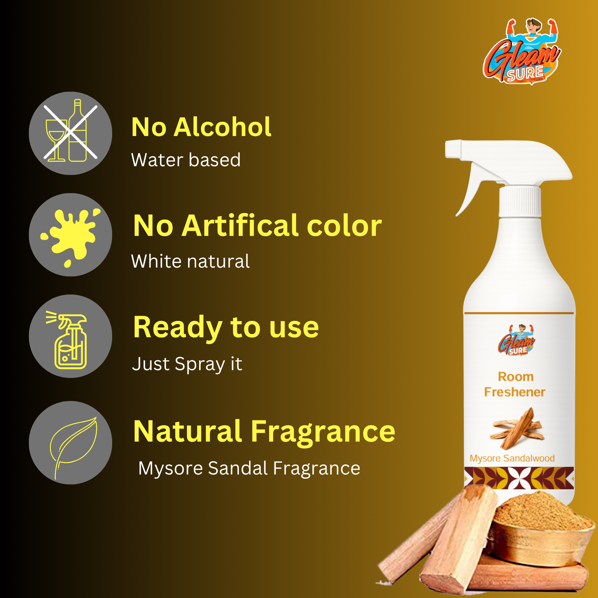 Icons and text describing key features: no alcohol, no artificial color, ready to use, natural Mysore Sandalwood fragrance