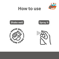 Illustration showing how to use the product: shake well before use and spray it directly.