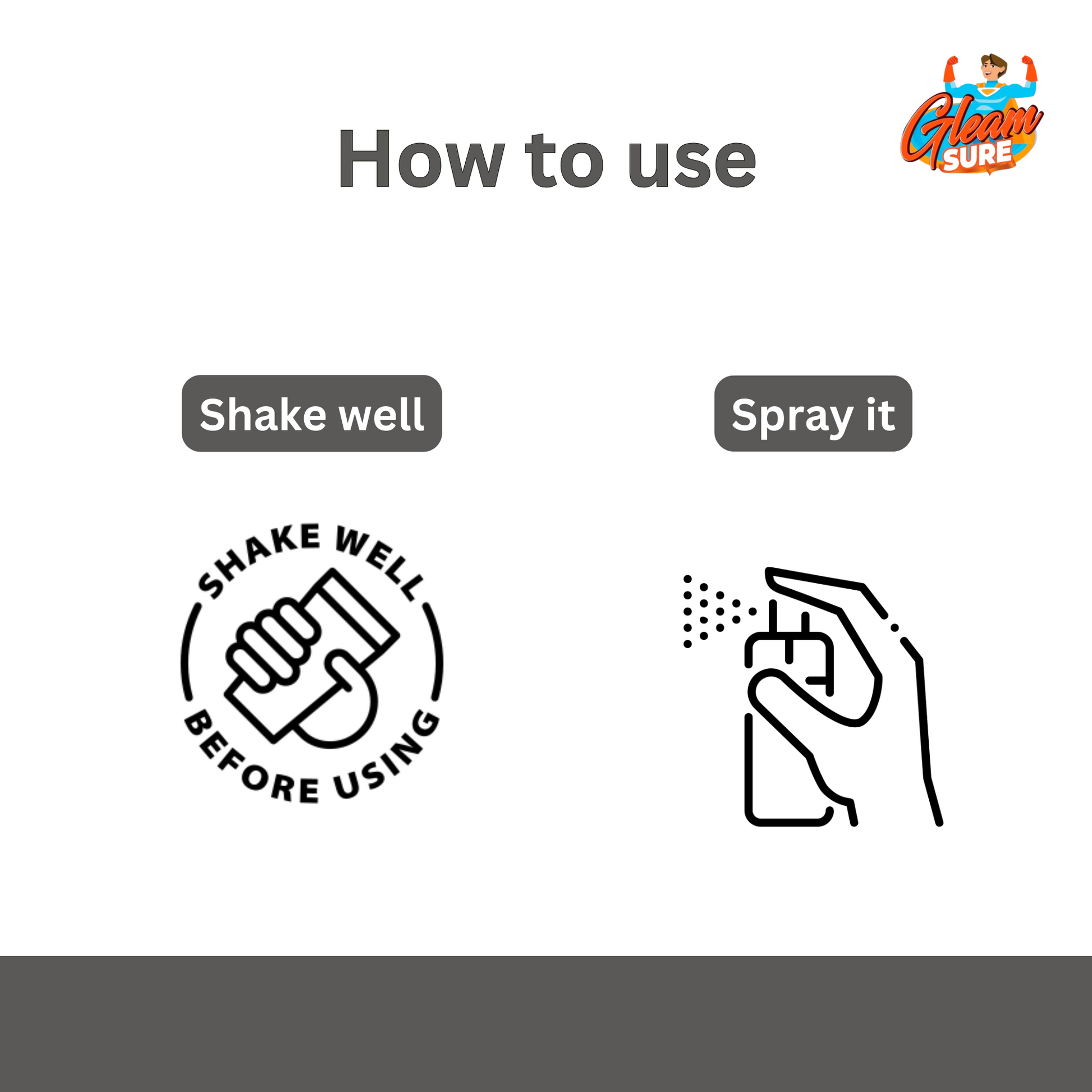 Illustration showing how to use the product: shake well before use and spray it directly.