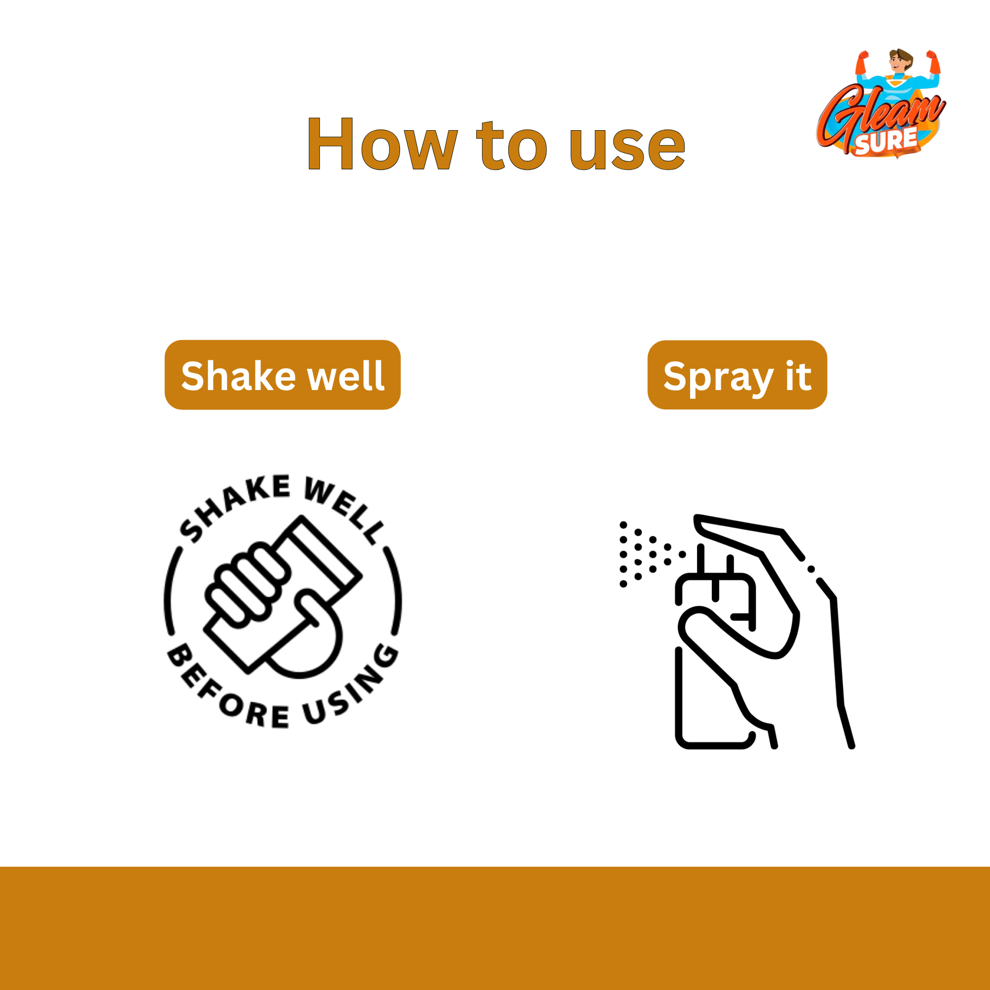 Illustration showing how to use the product: shake well before use and spray it directly