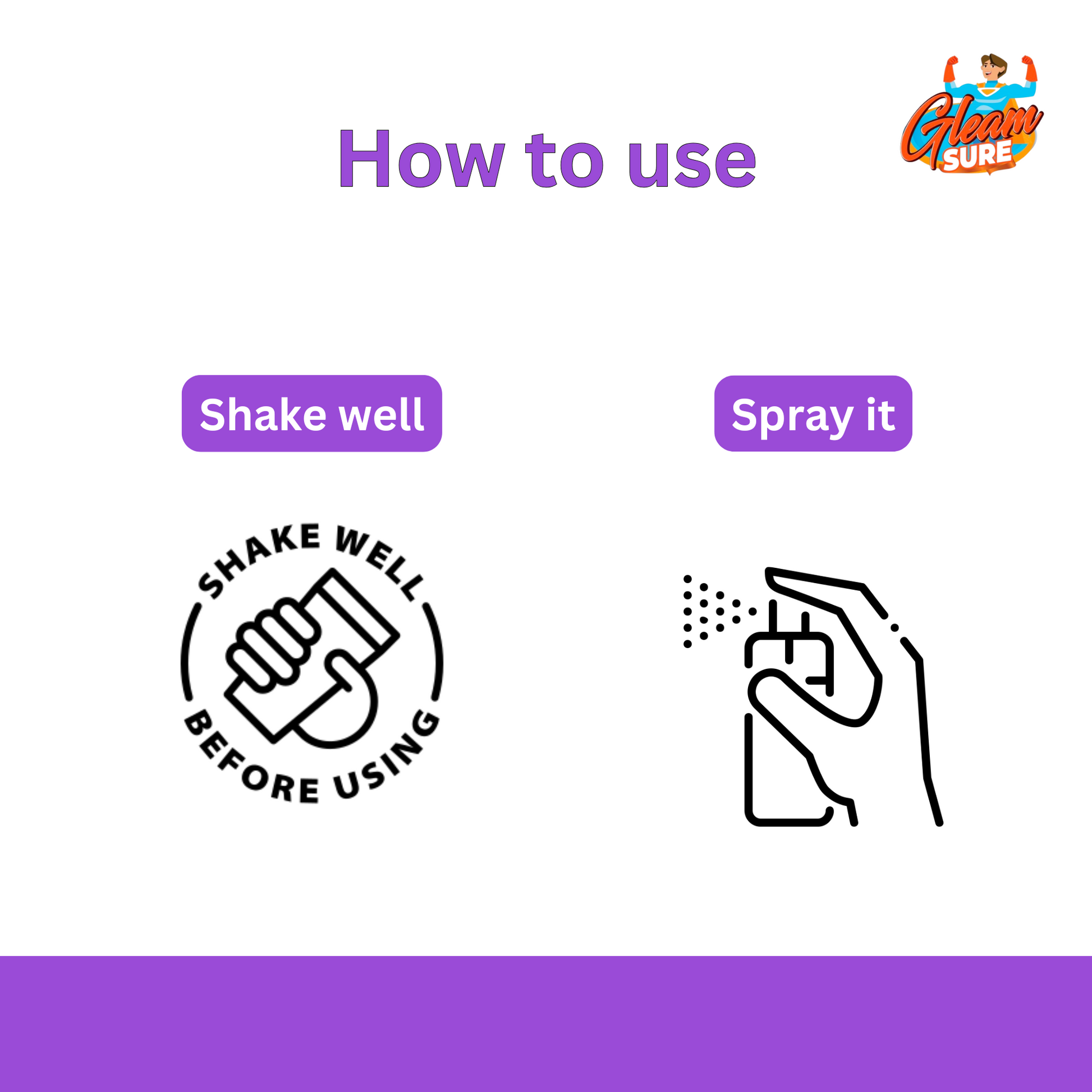 Illustration showing how to use the product: shake well before use and spray it directly