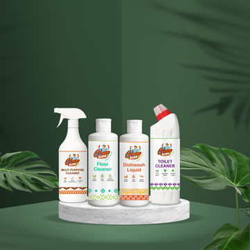 Image of Gleamsure 4-in-1 Natural Cleaning Combo – Plant-Based Dishwash, Toilet Cleaner, Floor Cleaner & Multipurpose Cleaner Bottles on Eco-Themed Background