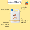 Infographic showing benefits of GleamSure Dishwash Liquid: plant-based, gentle on hands, tough on grease.
